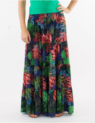 Long viscose ruffled skirt with smocked belt and "oceanique" print