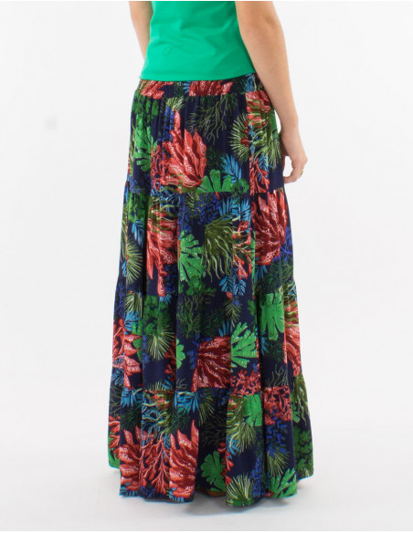 Jupe longue viscose à volants ceinture smockée imprimé océanique