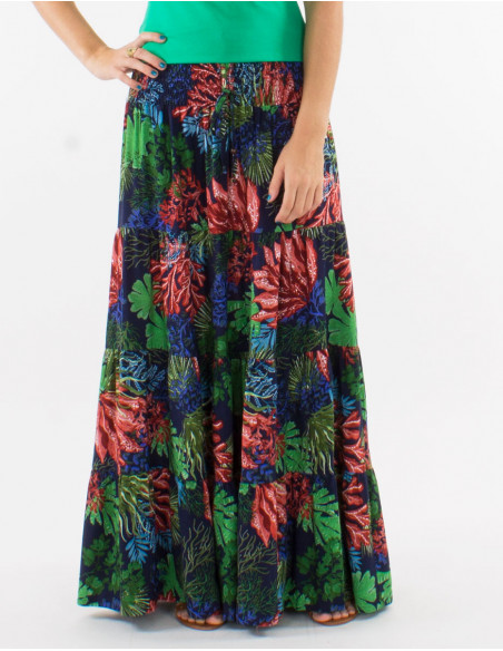 Jupe longue viscose à volants ceinture smockée imprimé océanique