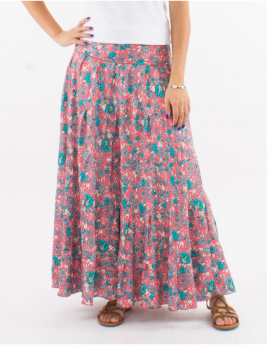 Long polyester ruffled skirt and "sari" print