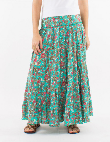 Long polyester ruffled skirt and "sari" print