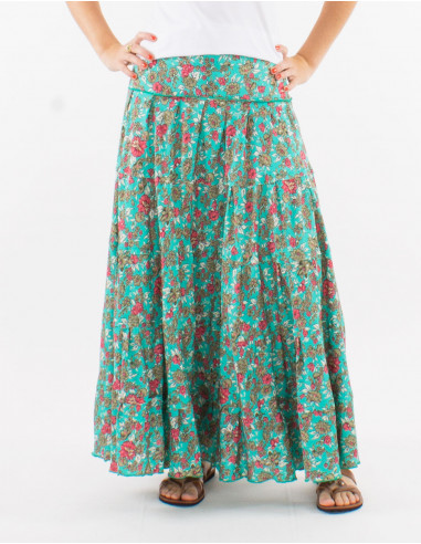 Long polyester ruffled skirt and "sari" print