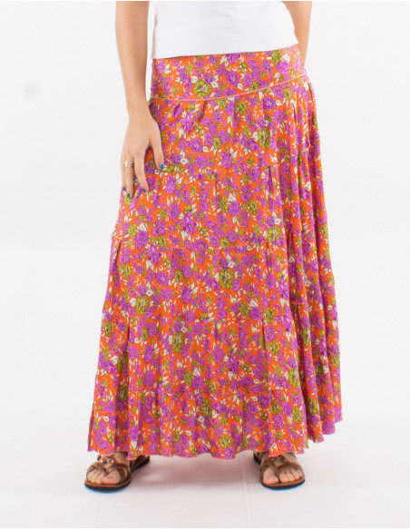 Long polyester ruffled skirt and "sari" print