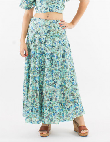 Long polyester ruffled "sari" skirt and "surat" print