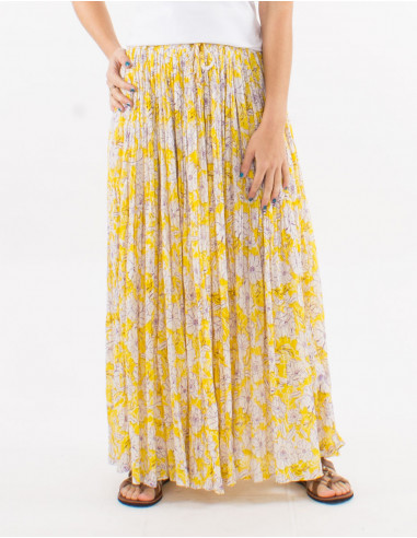 Long cotton voile wrinkled skirt with "anemone" print