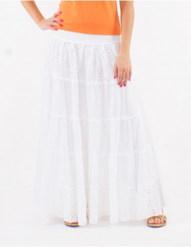 Long cotton embroidered skirt with flounces and lining