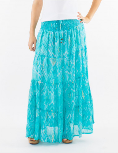 Long cotton voile ibiza print skirt with lining and golden leaves