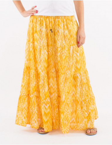 Jupe voile de coton doublée imprimé Ibiza avec feuilles dorées