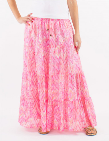 Long cotton voile ibiza print skirt with lining and golden leaves