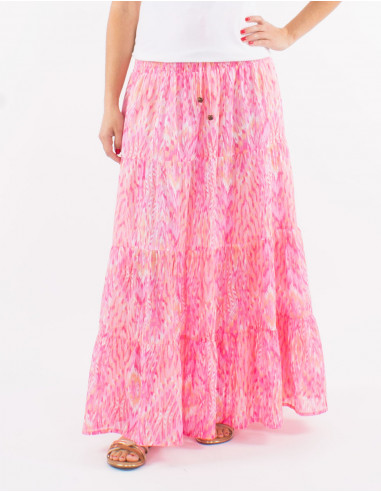 Jupe voile de coton doublée imprimé Ibiza avec feuilles dorées