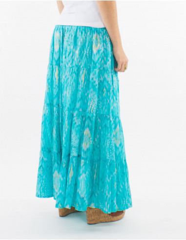 Jupe voile de coton doublée imprimé Ibiza avec feuilles dorées