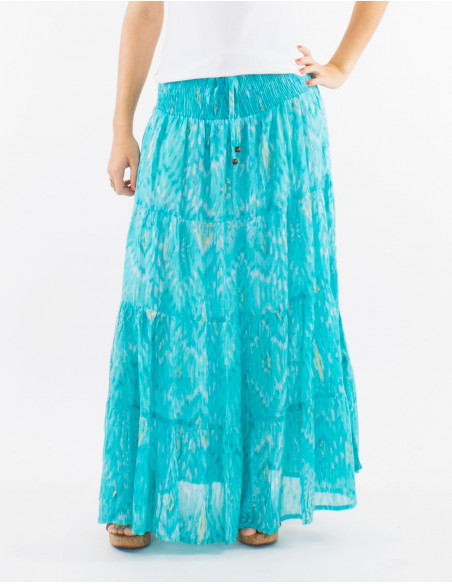 Jupe voile de coton doublée imprimé Ibiza avec feuilles dorées