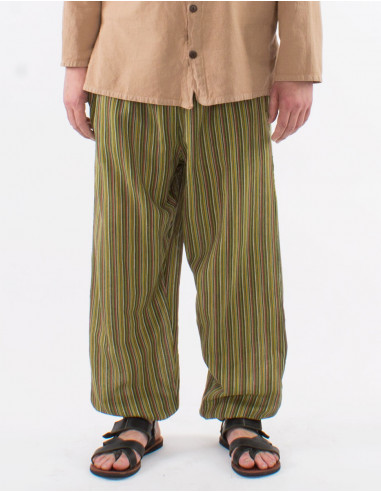 Mixed striped cotton trousers with 2 pockets elastic belt