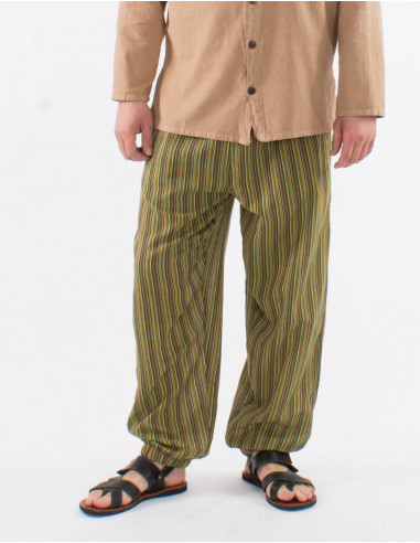 Mixed striped cotton trousers with 2 pockets elastic belt