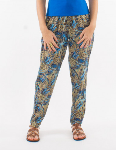 Polyester pants with elastic belt and "road dore" print