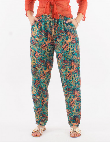 Polyester pants with elastic belt and "road dore" print