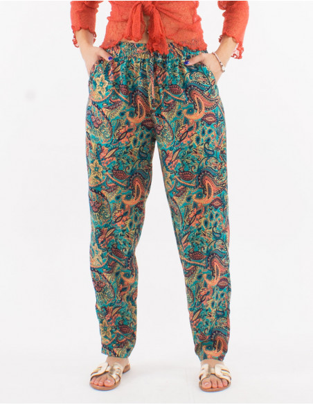 Polyester pants with elastic belt and "road dore" print