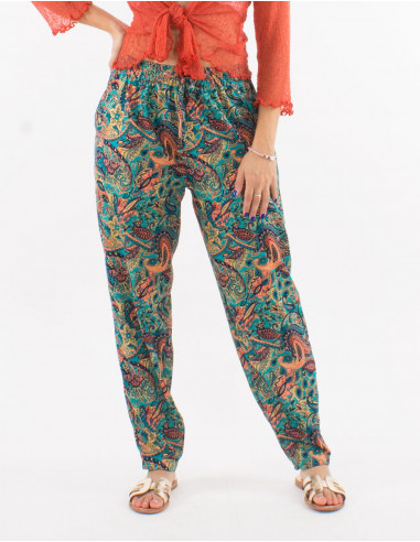 Polyester pants with elastic belt and "road dore" print