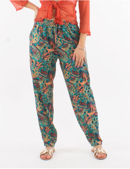 Polyester pants with elastic belt and "road dore" print