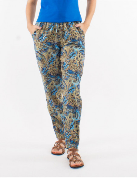 Polyester pants with elastic belt and "road dore" print