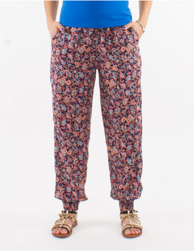 Polyester elastic belt pants with smocked bottom and "floral" print