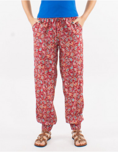 Polyester elastic belt pants with smocked bottom and "floral" print