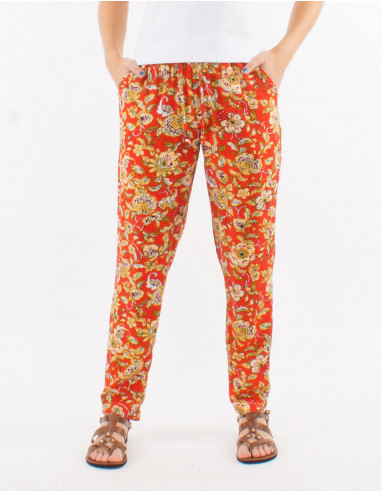 Viscose pants with elastic belt and "agra" print