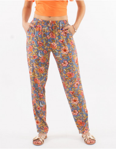 Viscose pants with elastic belt and "agra" print