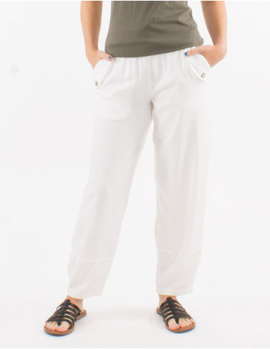 Pantalon 70% viscose 30% lin uni ceinture élastique