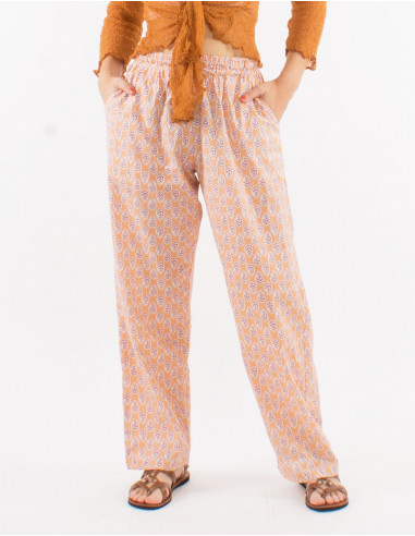 Cotton straight cut pants with elastic belt and "lucknow" print