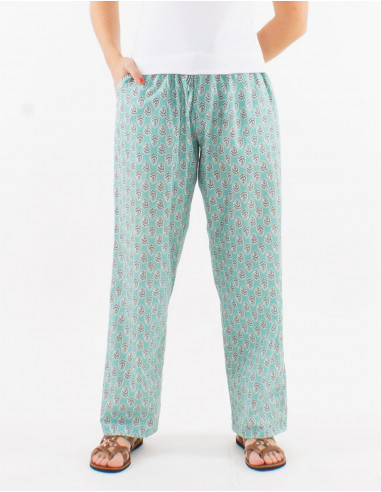 Cotton straight cut pants with elastic belt and "lucknow" print