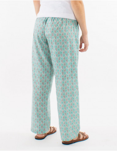 Cotton straight cut pants with elastic belt and "lucknow" print