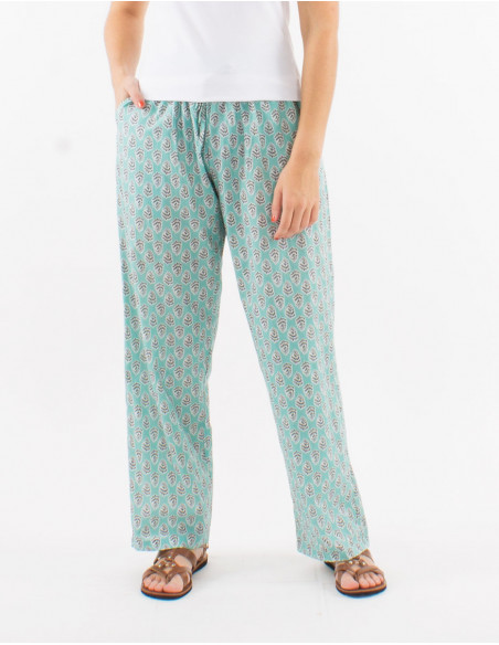 Cotton straight cut pants with elastic belt and "lucknow" print