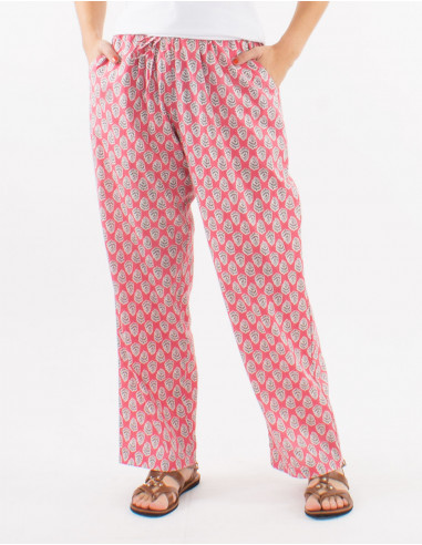 Cotton straight cut pants with elastic belt and "lucknow" print