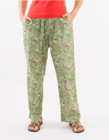 Cotton straight cut pants with elastic belt and "udai" print