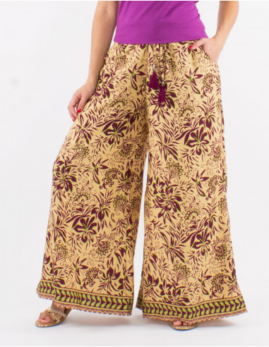 Polyester elastic back belt pants and "palma" print