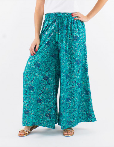 Pantalon polyester large sari impimé ceinture élastique