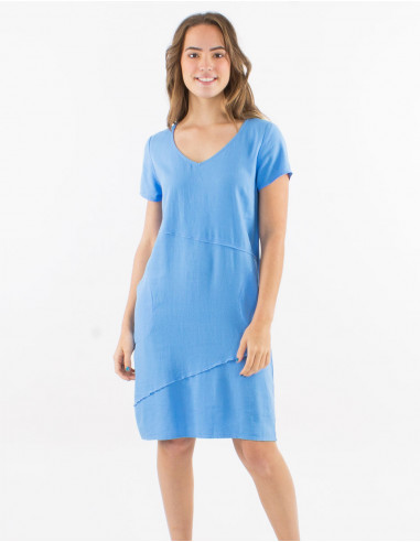 54% linen 46% viscose dress with v-neck and short sleeves