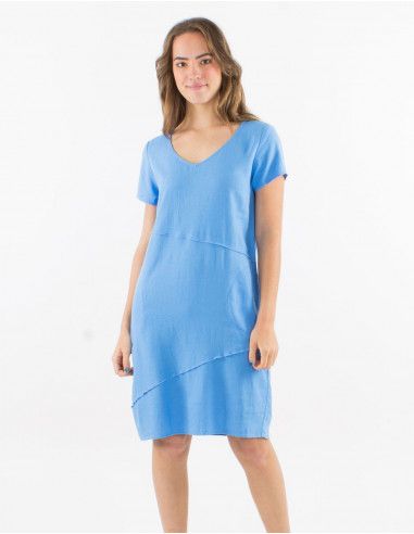 54% linen 46% viscose dress with v-neck and short sleeves