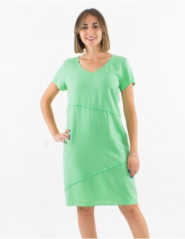 54% linen 46% viscose dress with v-neck and short sleeves