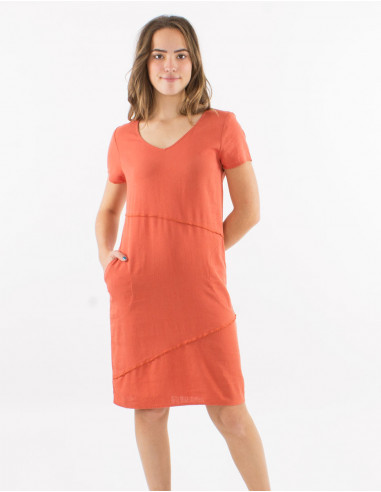 54% linen 46% viscose dress with v-neck and short sleeves