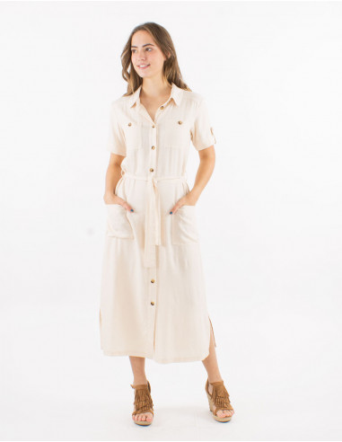 54% linen 46% viscose buttoned dress with short sleeves