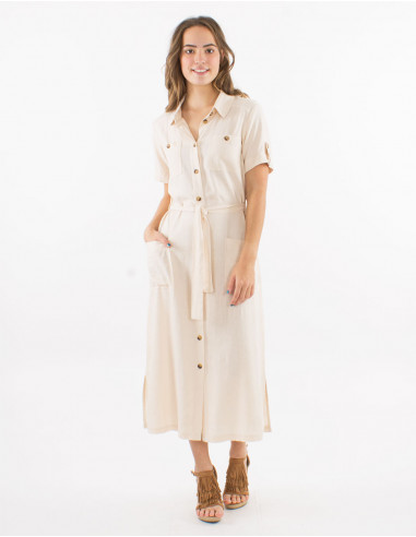 54% linen 46% viscose buttoned dress with short sleeves