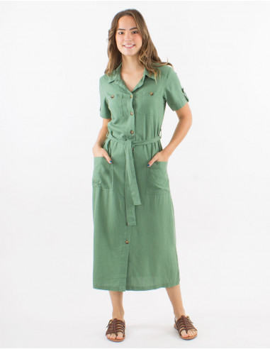 54% linen 46% viscose buttoned dress with short sleeves