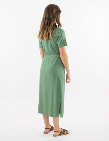 54% linen 46% viscose buttoned dress with short sleeves