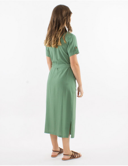 54% linen 46% viscose buttoned dress with short sleeves