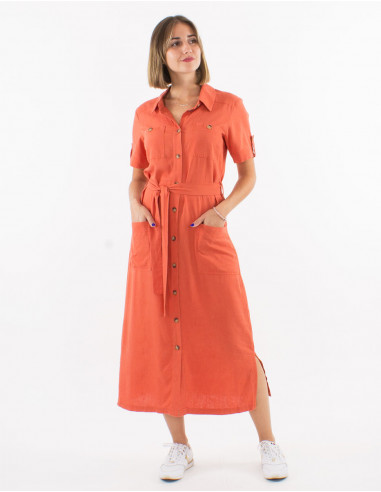 54% linen 46% viscose buttoned dress with short sleeves