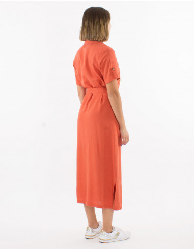 54% linen 46% viscose buttoned dress with short sleeves