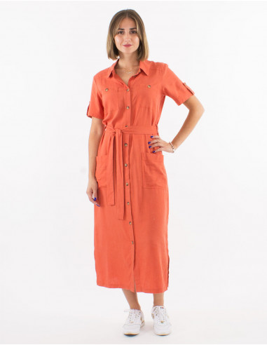 54% linen 46% viscose buttoned dress with short sleeves