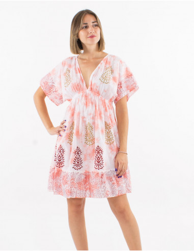 Cotton tie and dye dress with short sleeves